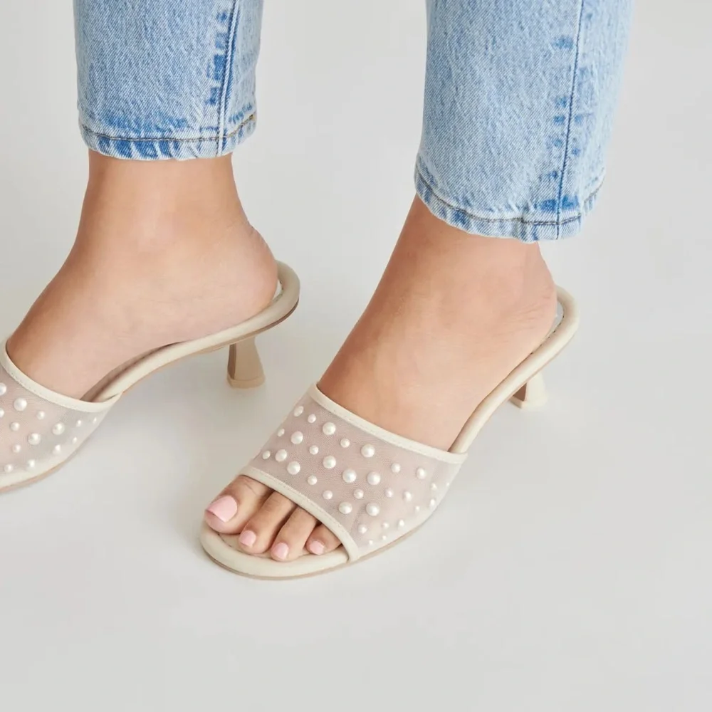 Dolce Vita Pearl-Studded Cream Slide Heels